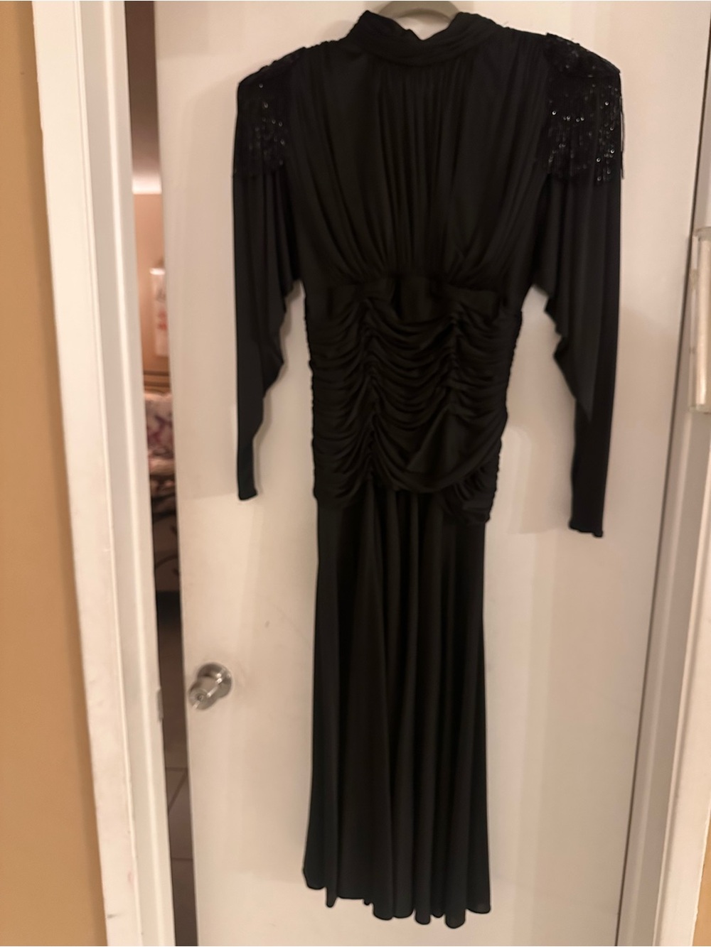 Vintage Black Ruched Evening Dress with Beaded Shoulders